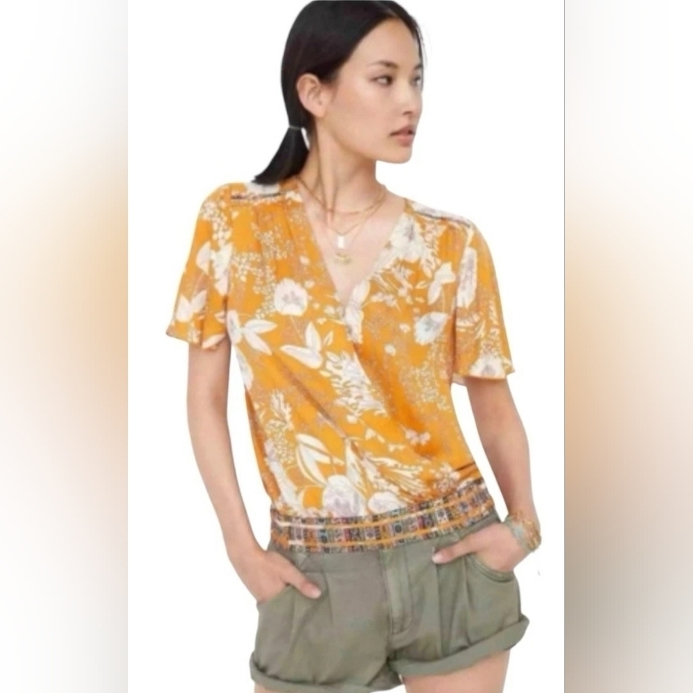 Anthropologie Orange/White Floral Surplice Top Size XS Casual Resort Boho